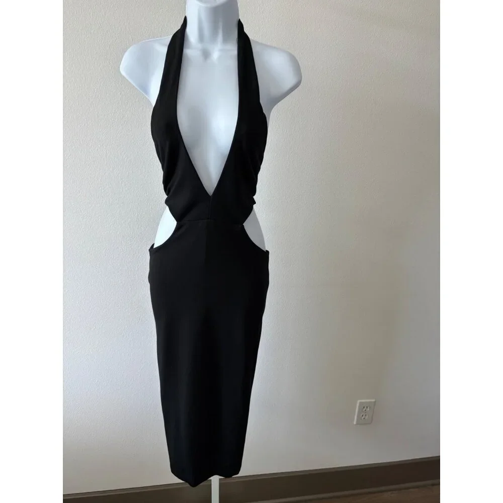 Cutout Halter Dress L Bodycon Plunge Neck Backless Y2K Club Core Night Out Glam - Picture 2 of 14